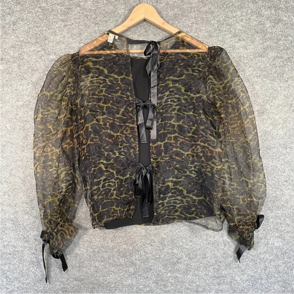 TOPSHOP Organza Blouse Size UK 12 Womens Animal Leopard Print Backless Bow Tie - Picture 8 of 9